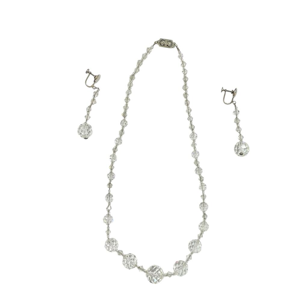 Vintage Midcentury Faceted Clear Crystal Necklace & Drop Earrings Matching Set
